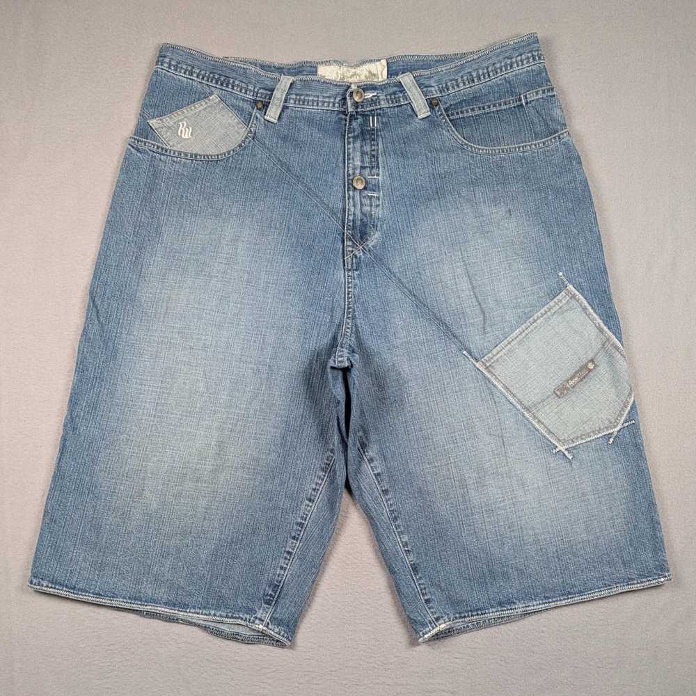 Vintage Rocawear Denim Shorts Mens 40 Baggy Wide Leg Y2K Streetwear Patch